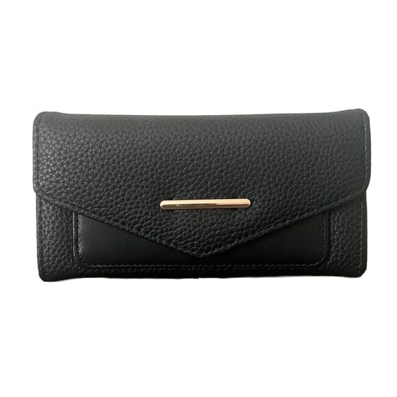 Faux-Leather Black Wallet Snap Closure Minimalist Classic Timeless Everyday - Picture 2 of 6